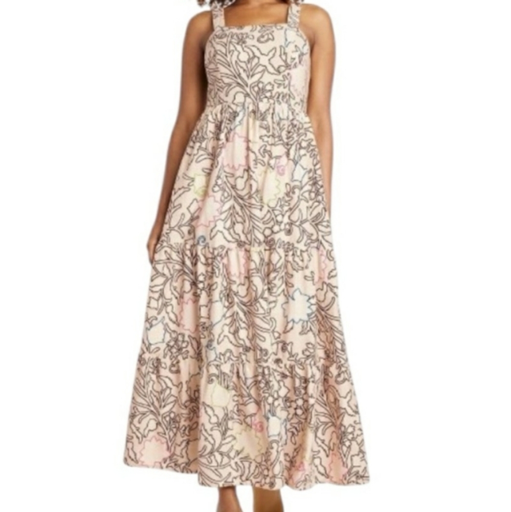 Knox Rose Floral Tiered Maxi Dress XL Smocked Bodice Boho Cottagecore Romantic